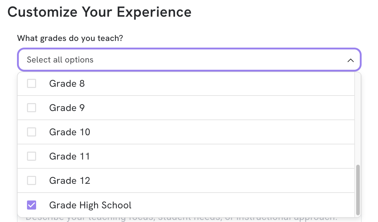 The drop down selector for selecting which grades are relevant. Grade High-school is selected.