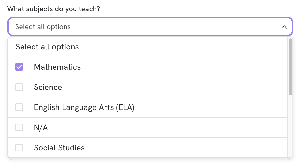 The drop down selector for selecting which subjects are relevant. Mathematics is selected.